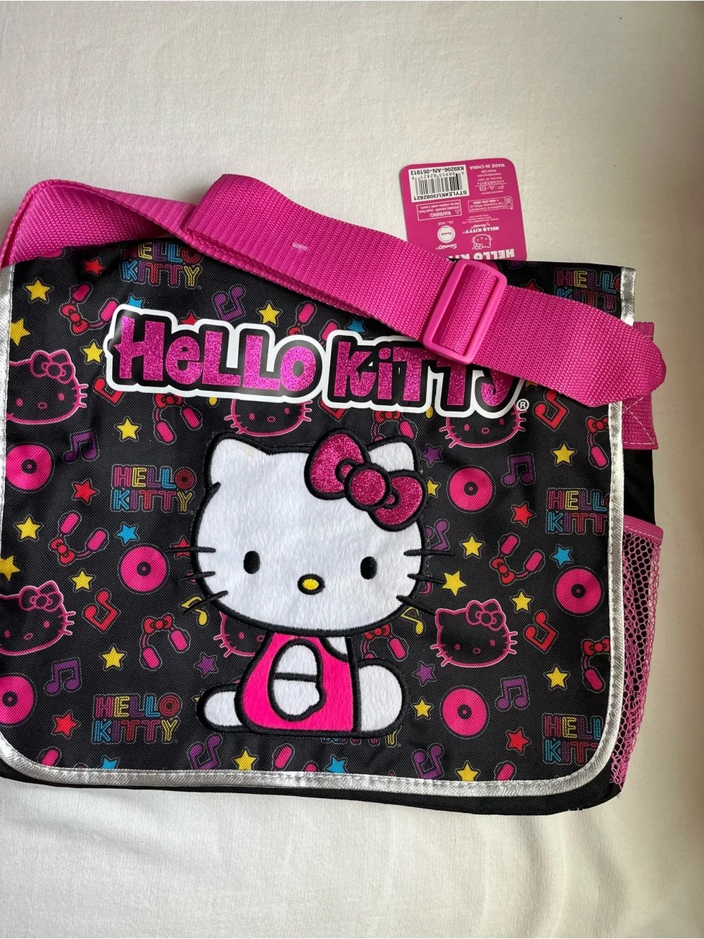 Vintage Hello Kitty Black and Pink Kids Messenger Shoulder Bag Y2K Deadstock